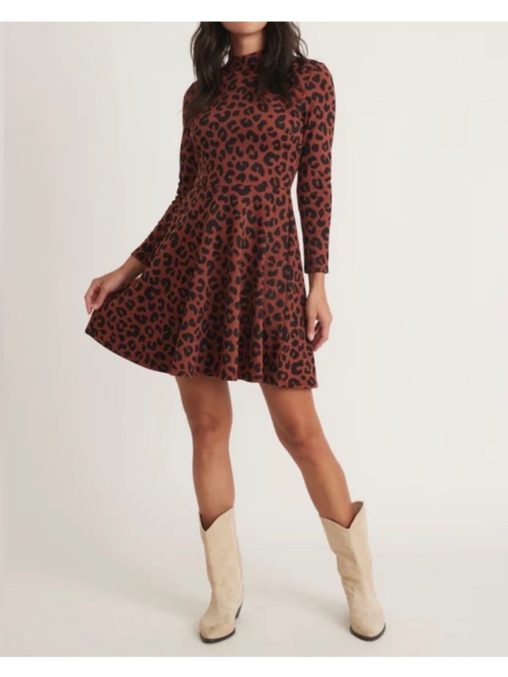 Marine Layer Rust Leopard Print Long Sleeve Fit & Flare Mini Dress Size S